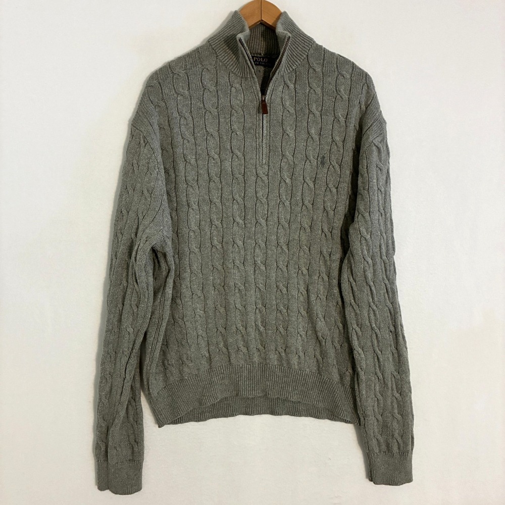 Polo Ralph Lauren 1/4 Zip Pullover Men's 2XL Grey Cable Knit Mock Neck Preppy